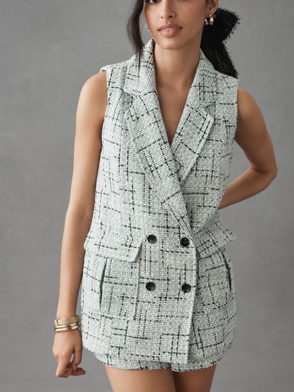 Maeve Tweed Vest in Cream Green and Black Sz 8
